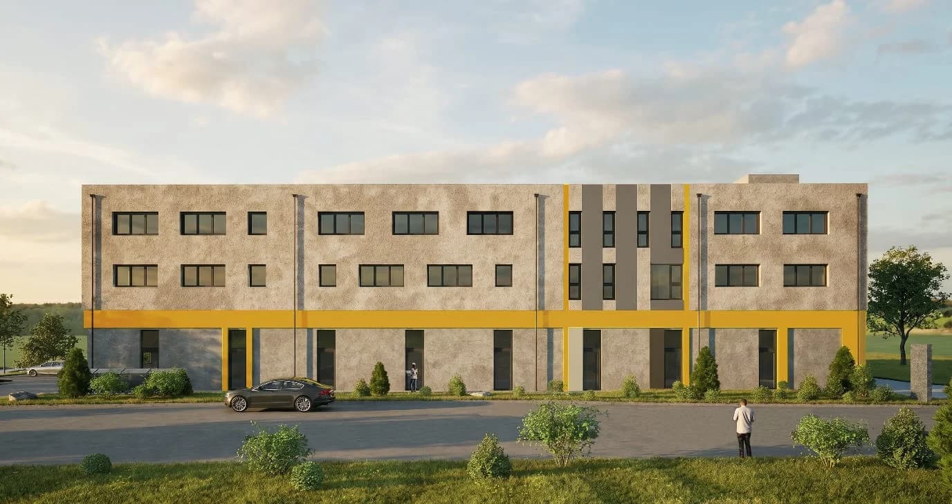 Visualisierung des Neubaus: Frontansicht in Sichtbeton mit gelbem Signalband